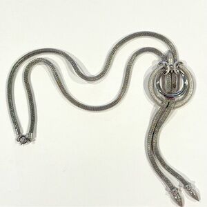 Vintage Crown Trifari Lariat Mesh Necklace Silver Tone Statement Circle Dangle